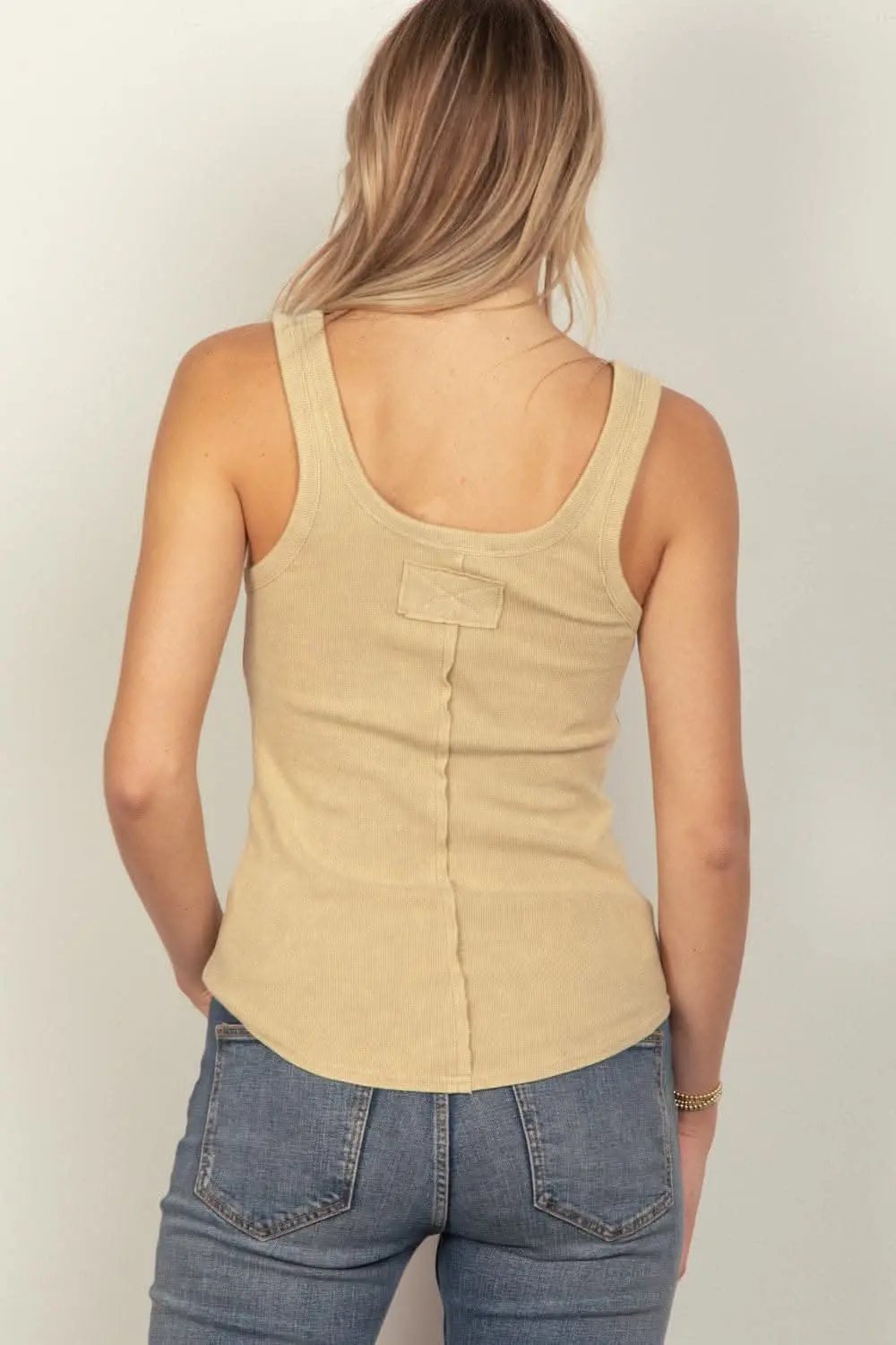 Washed ribbed tank with stylish placket detail - Love Salve